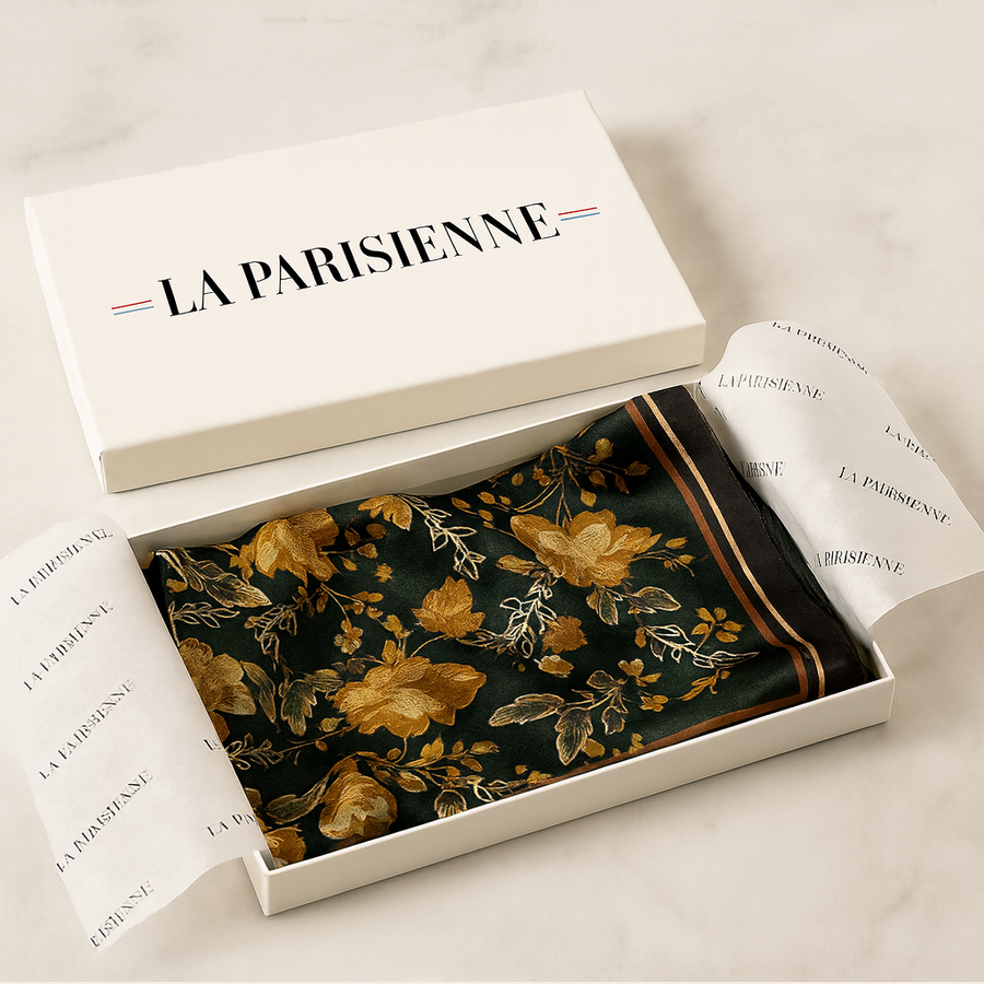 Pañuelo Cuadrado de Seda 100% con Decoración de Flores Blancas para Mujer | La Parisienne