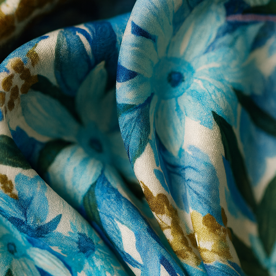 100% Seda Flora Patrón Cuadrado Azul Mujer | La Parisienne